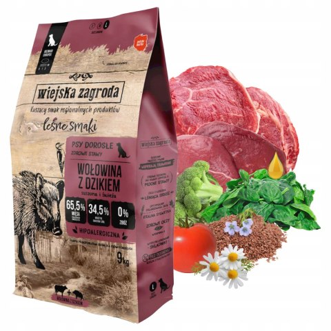 Wiejska Zagroda karma sucha dla psa Wołowina Z Dzikiem chrupki duże 9kg