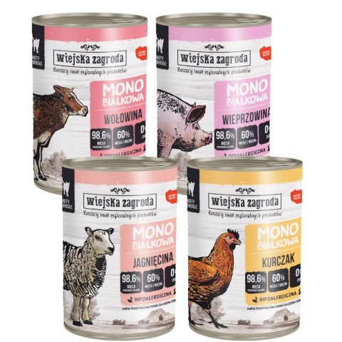 Wiejska Zagroda monobiałkowa kot PUSZKI dla kota mix SMAKÓW 4x400g mix