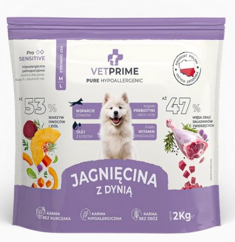 Vetprime Karma dla Psa Jagnięcina Dynia M/L Zdrowe Trawienie 2KG
