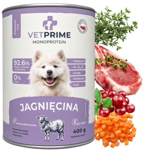 VetPrime MONO Jagnięcina - Karma Mokra dla Psów Dorosłych 400g